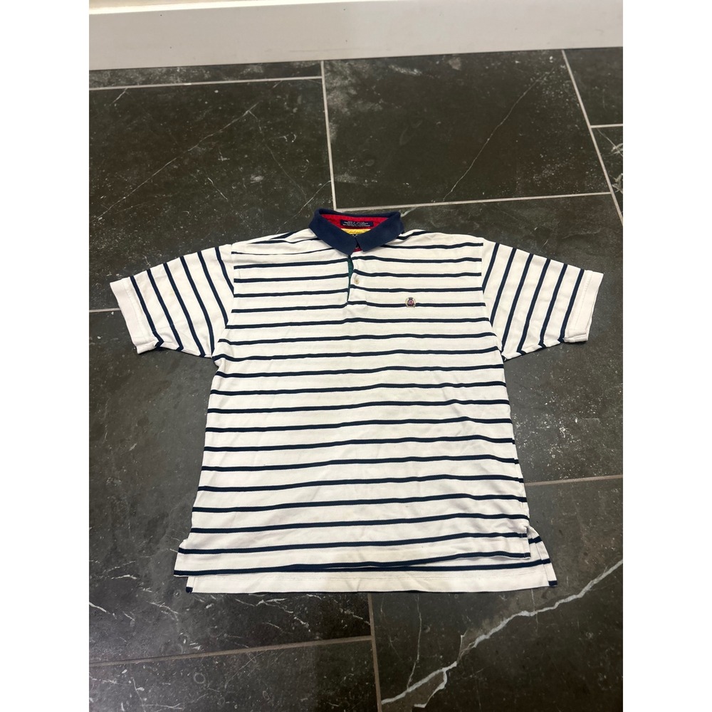 Vintage Tommy Hilfiger Mens Large Striped Polo Shirt White Navy Blue Cotton L